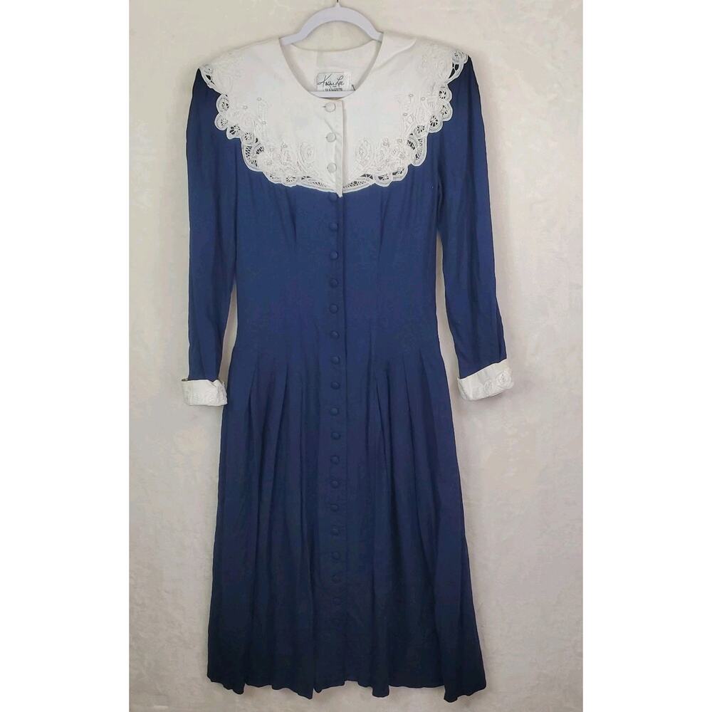 Vtg 80s Kathie Lee Plaza South Victorian LACE COLLAR Modest Maxi Dress Prairie